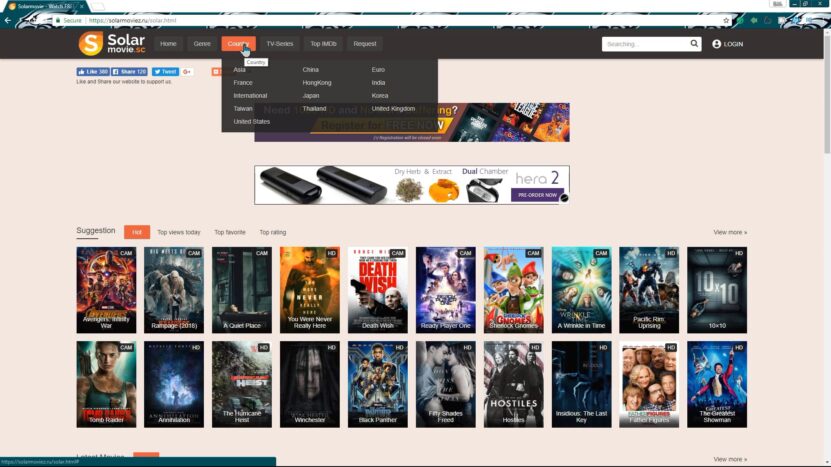 Screenshot of the SolarMovie website showcasing movie suggestions, navigation options, and categories for streaming content