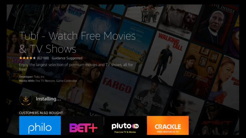 Tubi streaming platform interface promoting free movies and TV shows with a background showcasing popular film covers