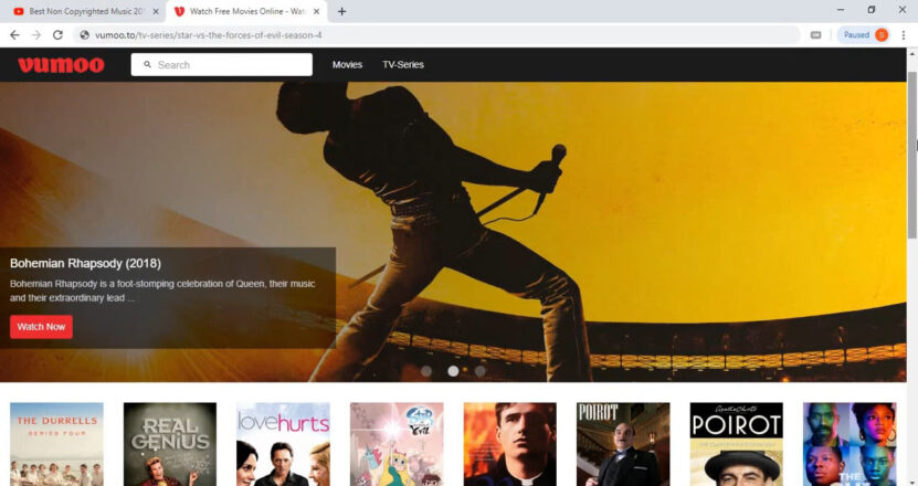 Screenshot of the Vumoo streaming platform homepage featuring Bohemian Rhapsody (2018) and other movie selections